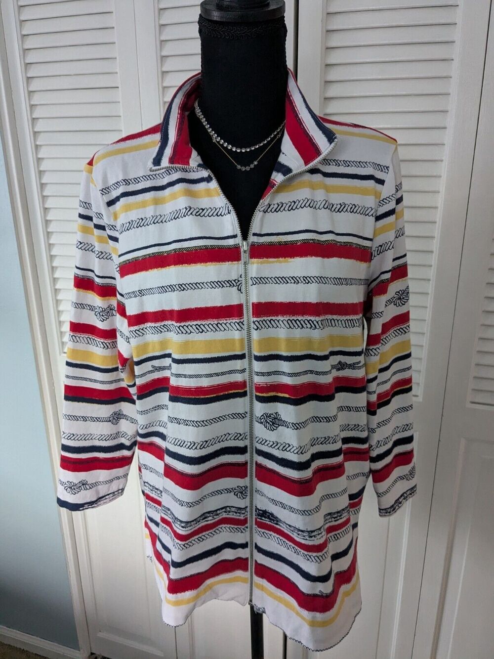 Chicos Weekends Jacket Women's 2 (L) Stripes Red Yellow Athleisure Nautical Rope